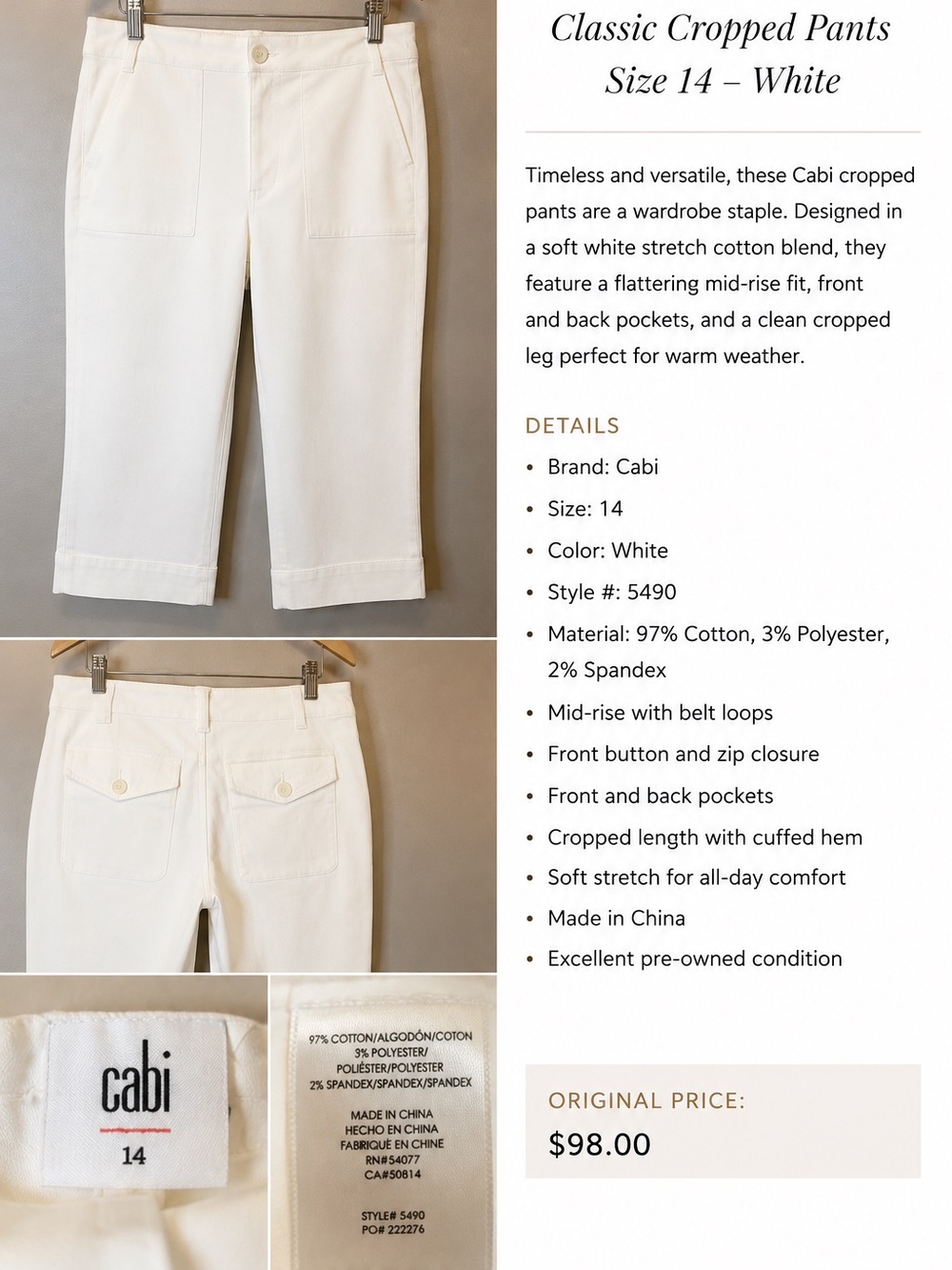 Cabi White Cropped Pants Size 14 Stretch Cotton Capri